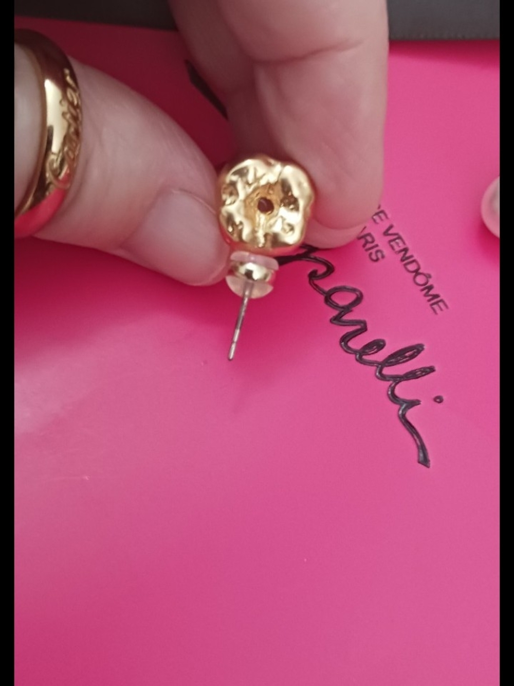 Schiaparelli Gold and White Pearl Tooth Small Drop Earrings Studs Made FRANCE - Picture 3 of 4